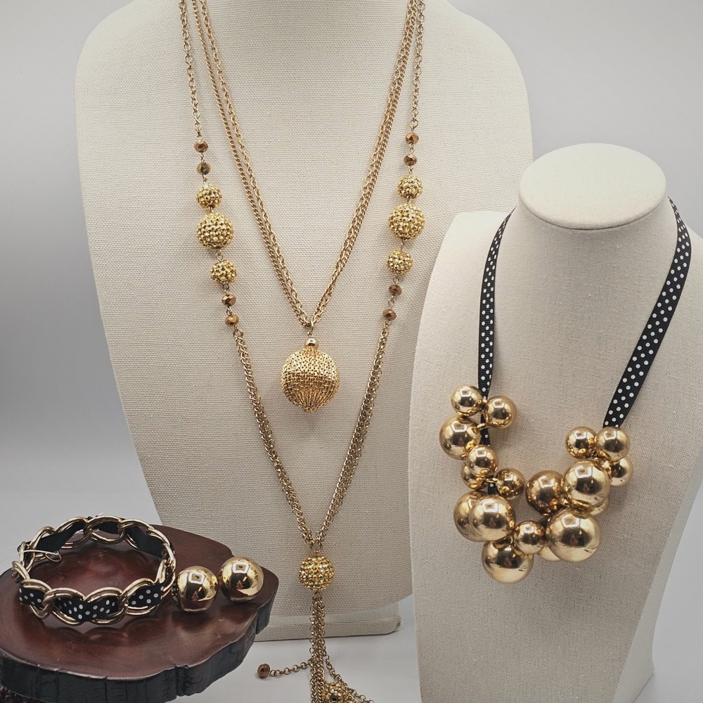 Chunky Gold Tone Statement Jewelry Lot Ball Bead Necklaces Bracelet Earrings Mod